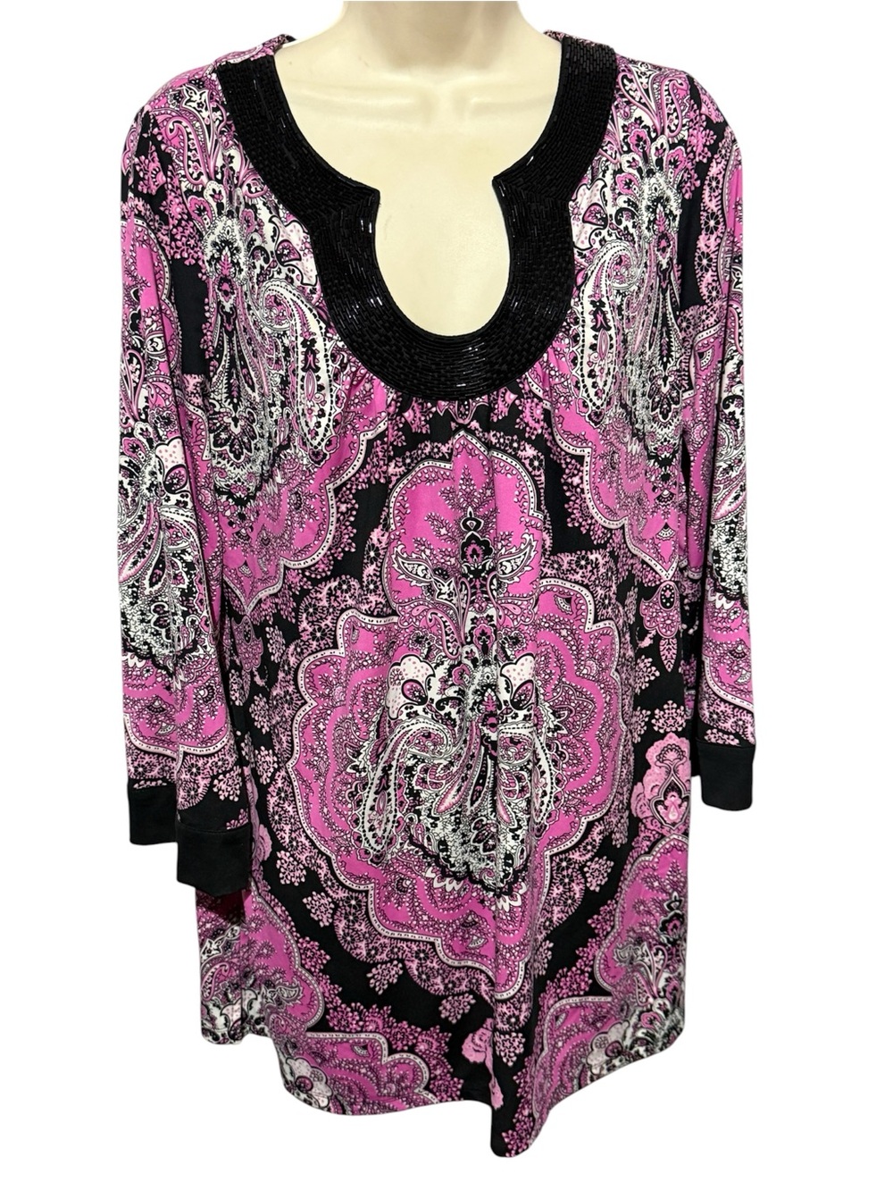 I.N.C brand Women's Pink Paisley Knit Tunic with Black Embellished Neckline